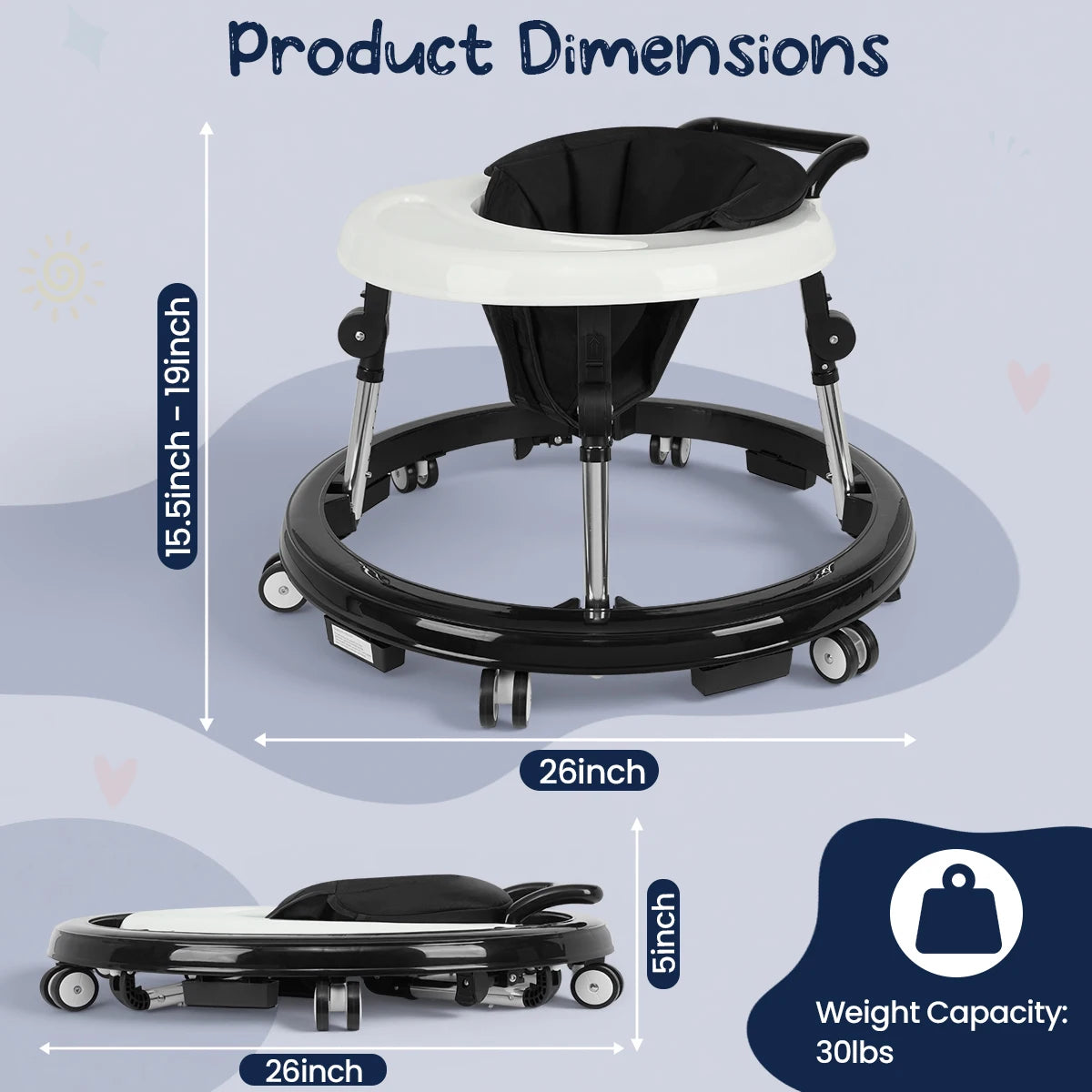 Kmaier Seated Baby Walker with Rear Push Handle, Foldable Frame, Adjustable Metal Supports and Removable Washable Seat in Four Color Options
