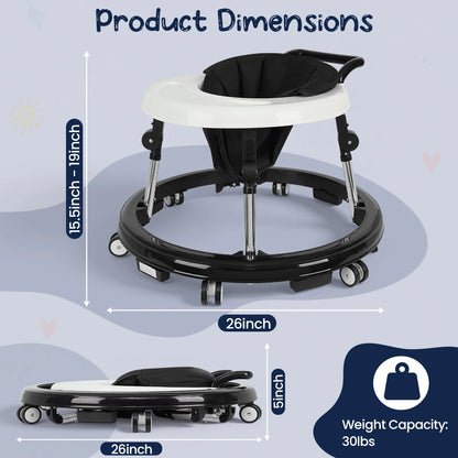 Kmaier Seated Baby Walker with Rear Push Handle, Foldable Frame, Adjustable Metal Supports and Removable Washable Seat in Four Color Options