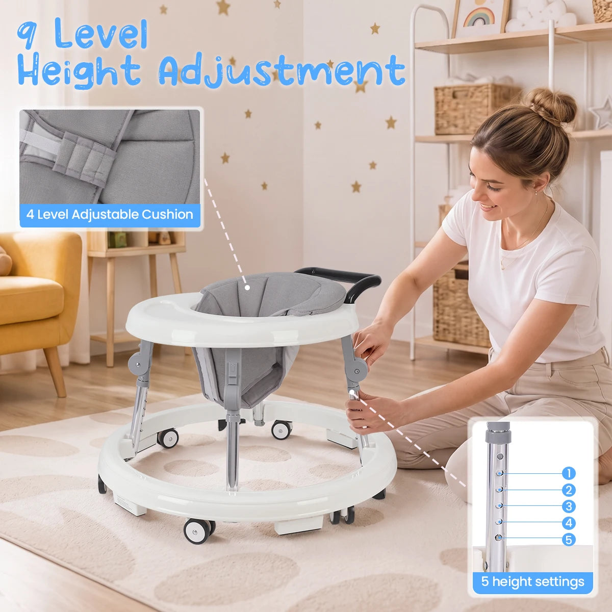 Kmaier Seated Baby Walker with Rear Push Handle, Foldable Frame, Adjustable Metal Supports and Removable Washable Seat in Four Color Options