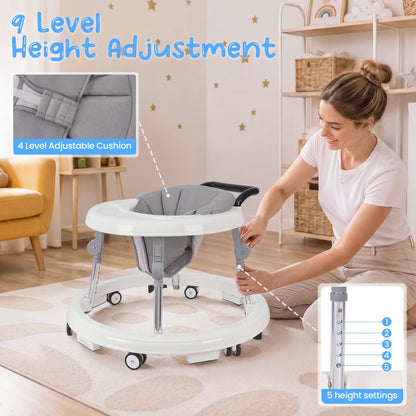 Kmaier Seated Baby Walker with Rear Push Handle, Foldable Frame, Adjustable Metal Supports and Removable Washable Seat in Four Color Options