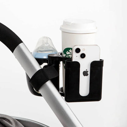 Convertible Double Stroller Cup Holder with Independent Phone Slot, Black Baby Bottle and Drink Organizer for Compatible Handles and Family Outings
