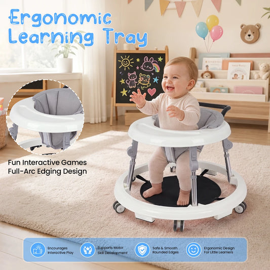 Kmaier Seated Baby Walker with Rear Push Handle, Foldable Frame, Adjustable Metal Supports and Removable Washable Seat in Four Color Options