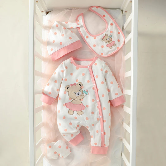 Pink Polka Dot Baby Girl Outfit Set, Bear Patch Long Sleeve Snap-Front Romper with Matching Hat, Bib and Mittens for Newborn Photos