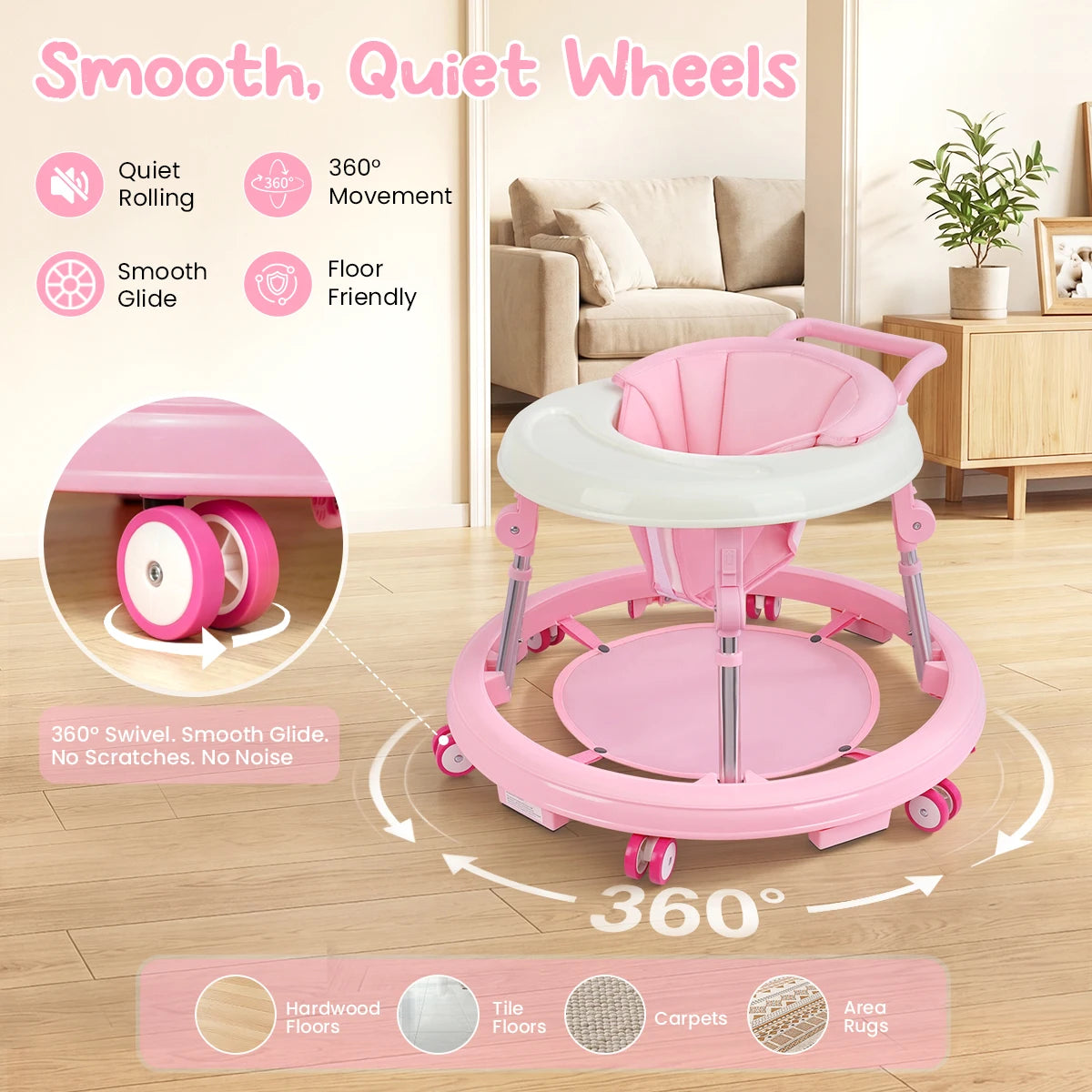 Kmaier Seated Baby Walker with Rear Push Handle, Foldable Frame, Adjustable Metal Supports and Removable Washable Seat in Four Color Options