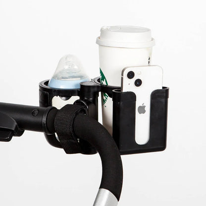 Convertible Double Stroller Cup Holder with Independent Phone Slot, Black Baby Bottle and Drink Organizer for Compatible Handles and Family Outings