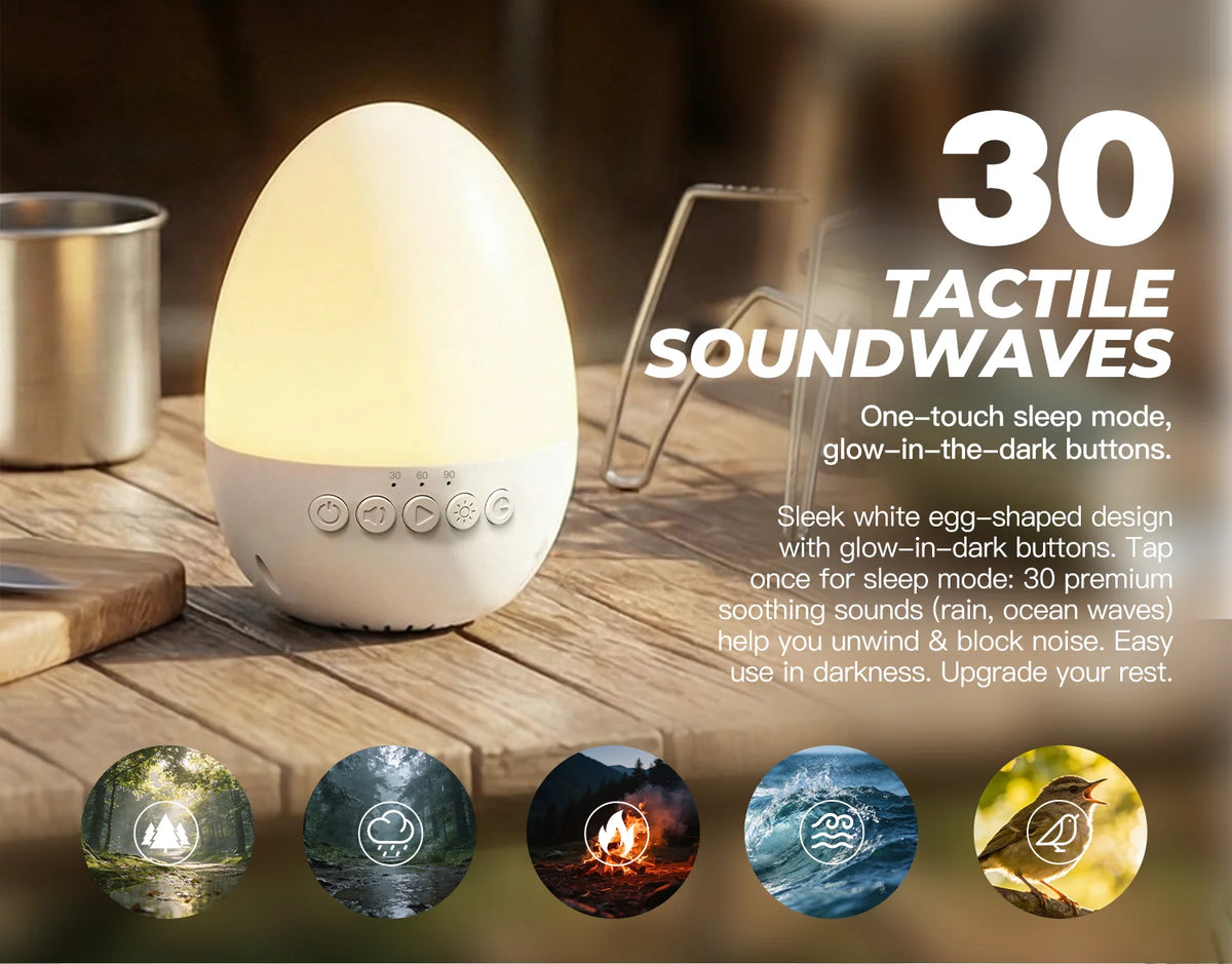 Egg-Shaped White Noise Machine with 30 Sounds, Dimmable Warm Night Light, 30/60/90-Minute Timer and USB-C Rechargeable 700mAh Battery