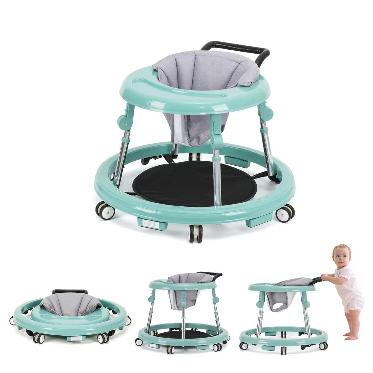 Kmaier Seated Baby Walker with Rear Push Handle, Foldable Frame, Adjustable Metal Supports and Removable Washable Seat in Four Color Options