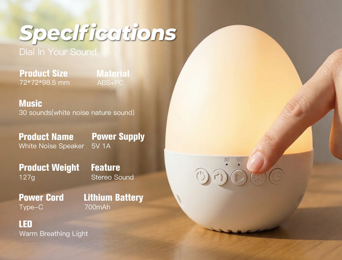 Egg-Shaped White Noise Machine with 30 Sounds, Dimmable Warm Night Light, 30/60/90-Minute Timer and USB-C Rechargeable 700mAh Battery
