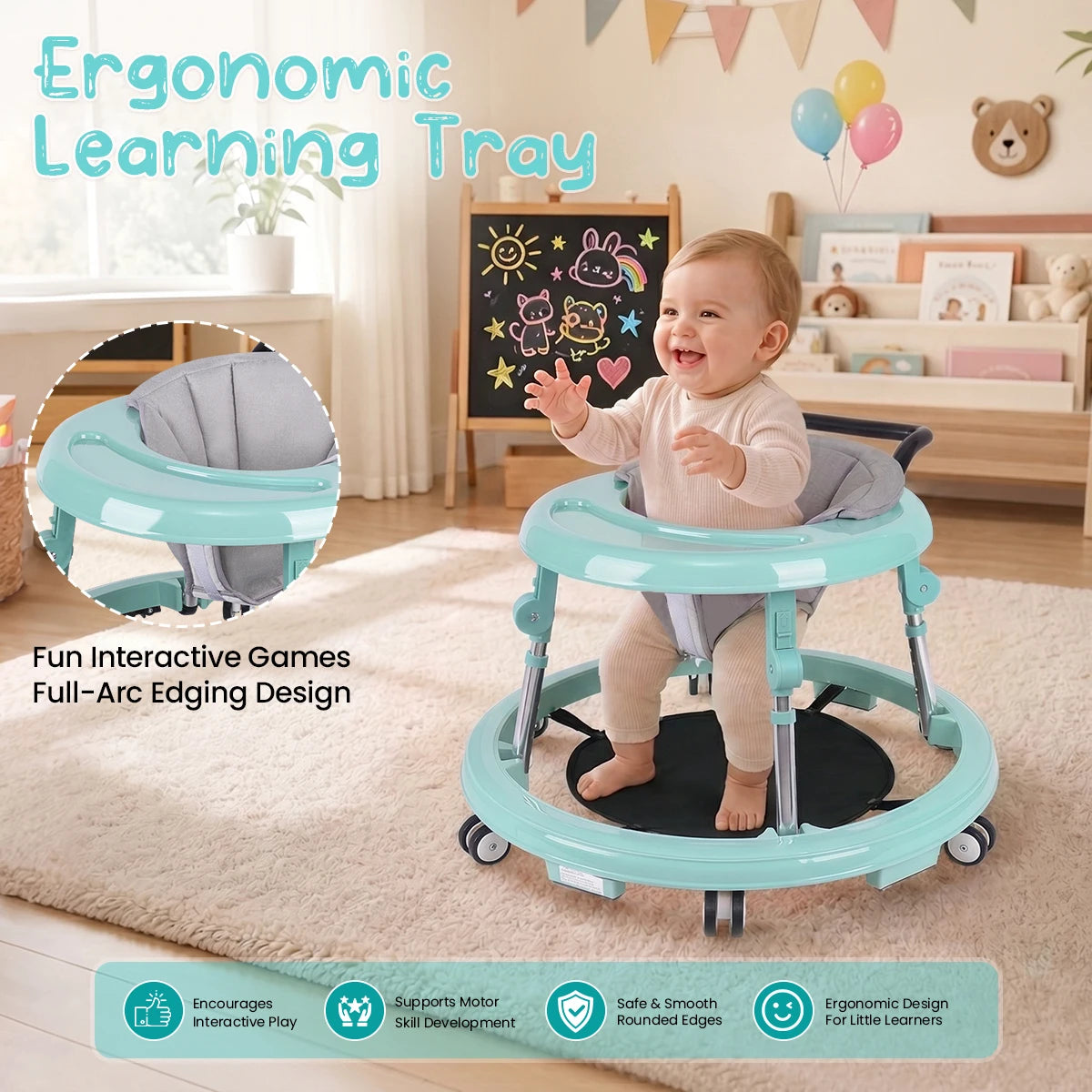 Kmaier Seated Baby Walker with Rear Push Handle, Foldable Frame, Adjustable Metal Supports and Removable Washable Seat in Four Color Options