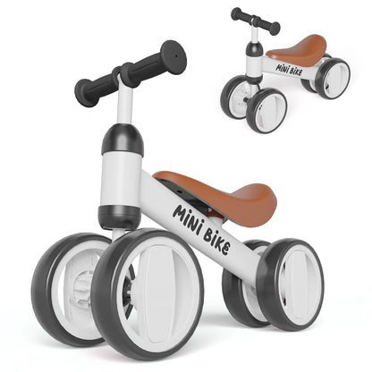 Pedal-Free Baby Balance Bike with Four Wheels, Metal Toddler Ride-On in Black, Pink, Blue or Green for Ages 1+ and First Birthday Gifts