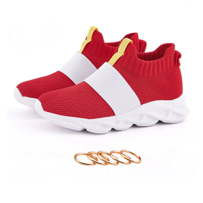 Sonic-Inspired Red Slip-On Shoes with White Band Detail and White Soles, Game-Themed Casual Footwear with Ring and Gem Options for Kids