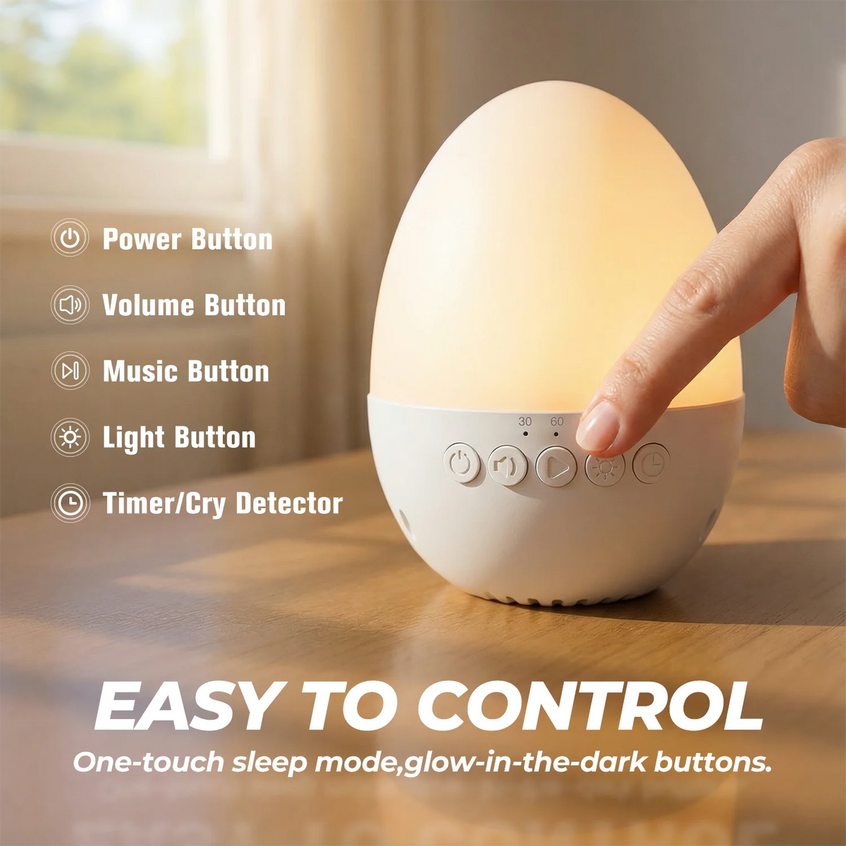Egg-Shaped White Noise Machine with 30 Sounds, Dimmable Warm Night Light, 30/60/90-Minute Timer and USB-C Rechargeable 700mAh Battery