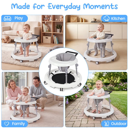 Kmaier Seated Baby Walker with Rear Push Handle, Foldable Frame, Adjustable Metal Supports and Removable Washable Seat in Four Color Options