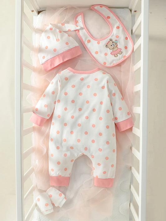 Pink Polka Dot Baby Girl Outfit Set, Bear Patch Long Sleeve Snap-Front Romper with Matching Hat, Bib and Mittens for Newborn Photos