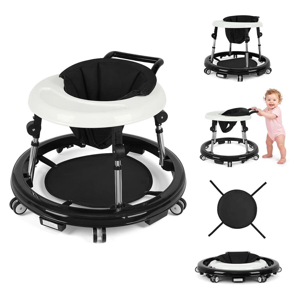 Kmaier Seated Baby Walker with Rear Push Handle, Foldable Frame, Adjustable Metal Supports and Removable Washable Seat in Four Color Options