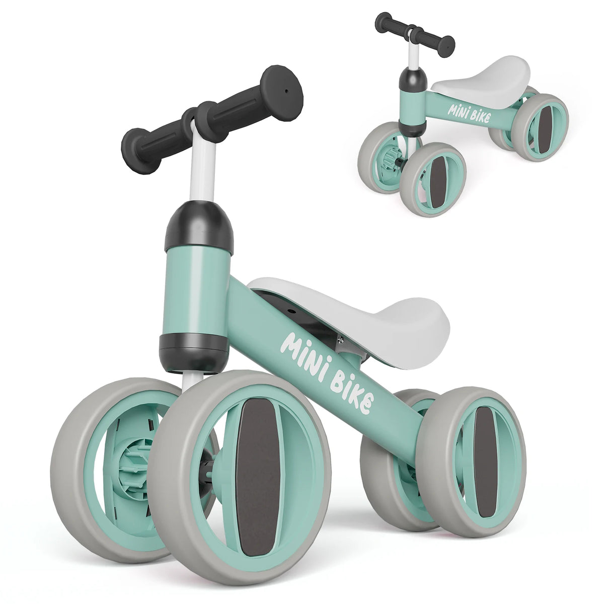 Pedal-Free Baby Balance Bike with Four Wheels, Metal Toddler Ride-On in Black, Pink, Blue or Green for Ages 1+ and First Birthday Gifts