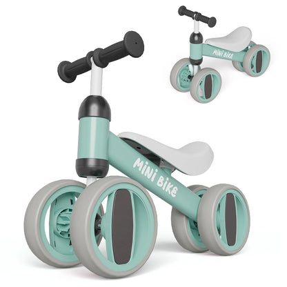 Pedal-Free Baby Balance Bike with Four Wheels, Metal Toddler Ride-On in Black, Pink, Blue or Green for Ages 1+ and First Birthday Gifts
