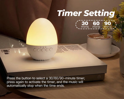 Egg-Shaped White Noise Machine with 30 Sounds, Dimmable Warm Night Light, 30/60/90-Minute Timer and USB-C Rechargeable 700mAh Battery