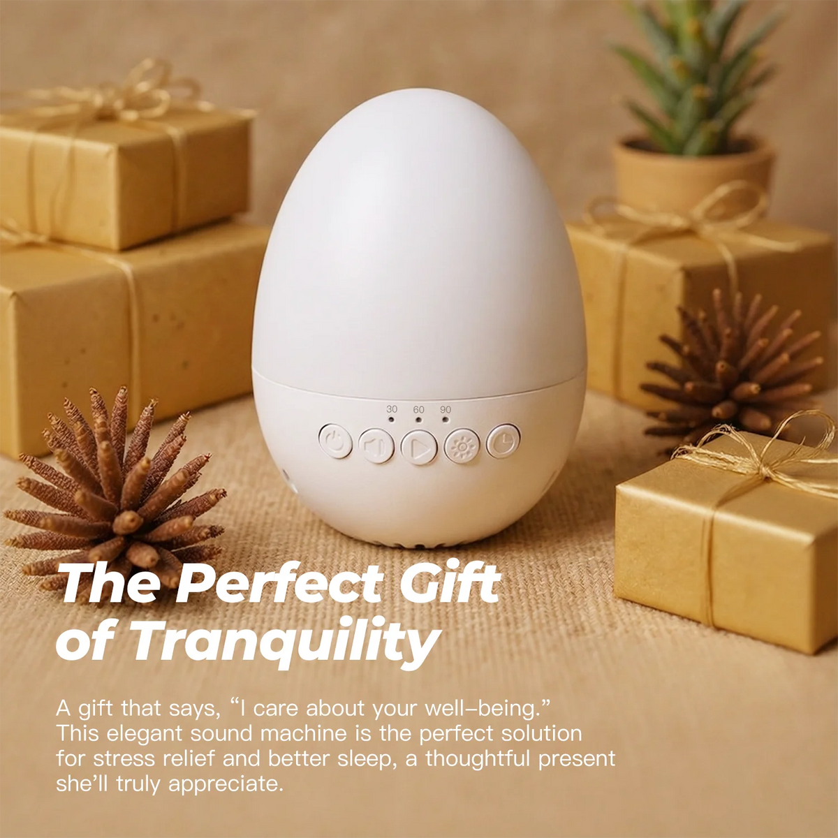 Egg-Shaped White Noise Machine with 30 Sounds, Dimmable Warm Night Light, 30/60/90-Minute Timer and USB-C Rechargeable 700mAh Battery