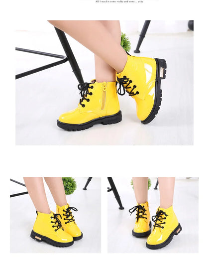 Lace-Up Kids Ankle Boots in PU Leather, Side-Zip Casual Shoes for Boys and Girls with Plush-Lined Options, Five Colors and Sizes 21-36