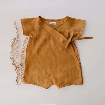 Baby Wrap Romper in Linen Cotton with Short Sleeves and Side Ties, V-Neck Summer One-Piece Outfit for Boys and Girls in Four Color Options