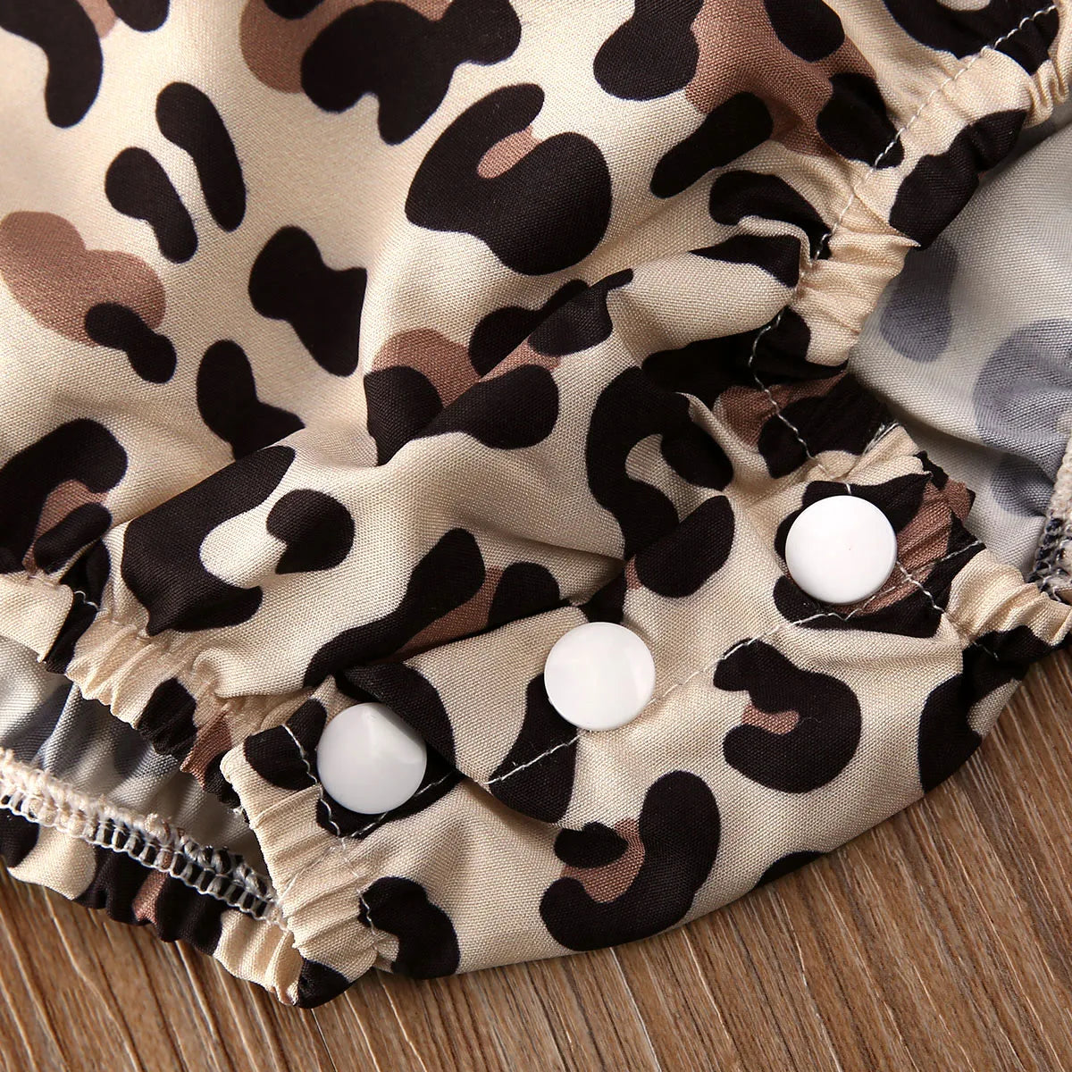 Leopard Print Baby Girl Romper and Headband Set with White Ruffle Details, Suspender Styling and Snap Crotch, Summer Outfit in 0-24 Months