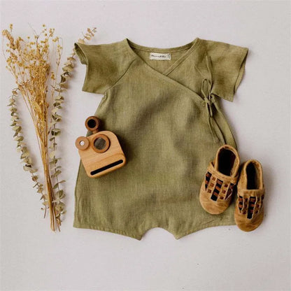 Baby Wrap Romper in Linen Cotton with Short Sleeves and Side Ties, V-Neck Summer One-Piece Outfit for Boys and Girls in Four Color Options