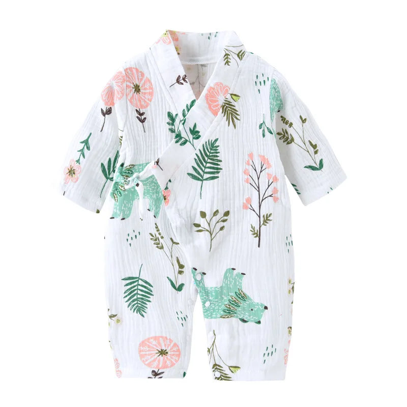 Muslin Cotton Baby Kimono Romper with Side Ties and Leg Snaps, Long Sleeve Printed Footless Jumpsuit for Boys and Girls, 0-24 Months