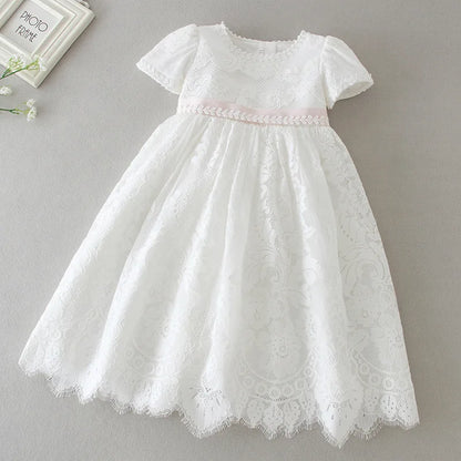 Baby Baptism Gown for Girls with Long Sleeves, Lace Details and Cotton Lining, Dress and Cap Set for Christening and First Birthday Photos