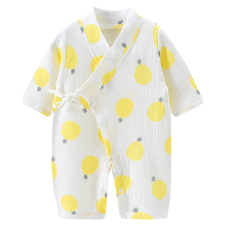 Muslin Cotton Baby Kimono Romper with Side Ties and Leg Snaps, Long Sleeve Printed Footless Jumpsuit for Boys and Girls, 0-24 Months