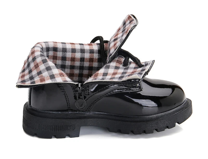 Lace-Up Kids Ankle Boots in PU Leather, Side-Zip Casual Shoes for Boys and Girls with Plush-Lined Options, Five Colors and Sizes 21-36