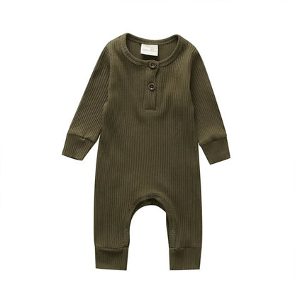 Ribbed Baby Romper with Button Neckline and Inner-Leg Snaps, Long Sleeve Cotton Knit One-Piece Outfit for Boys and Girls in 3M-18M Sizes