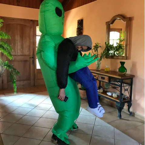 Alien Piggyback Inflatable Costume for Adults and Kids, Green Carrying Illusion Suit with Fan for Halloween, Cosplay and Stage Parties