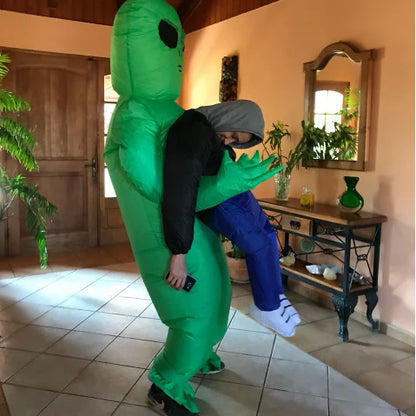Alien Piggyback Inflatable Costume for Adults and Kids, Green Carrying Illusion Suit with Fan for Halloween, Cosplay and Stage Parties