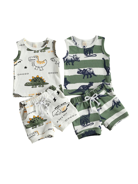 Baby Dinosaur Tank Top and Shorts Set, Cotton Sleeveless Summer Outfit with Elastic Waist for Boys and Girls in Infant Sizes 3M to 24M