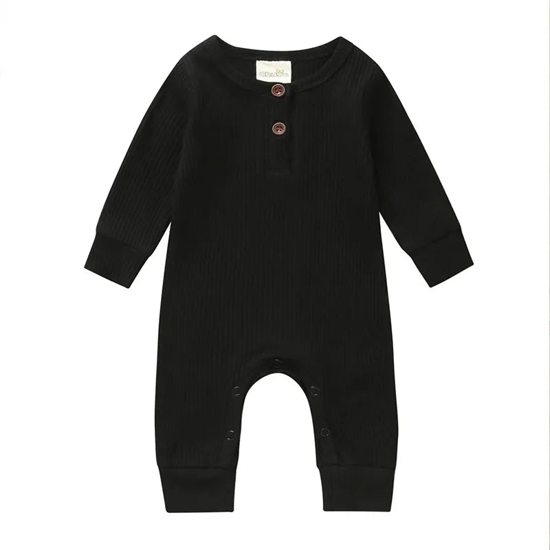 Ribbed Baby Romper with Button Neckline and Inner-Leg Snaps, Long Sleeve Cotton Knit One-Piece Outfit for Boys and Girls in 3M-18M Sizes