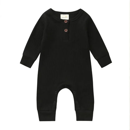 Ribbed Baby Romper with Button Neckline and Inner-Leg Snaps, Long Sleeve Cotton Knit One-Piece Outfit for Boys and Girls in 3M-18M Sizes