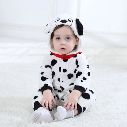 Baby Dalmatian Costume with Puppy Hood, Flannel Animal Jumpsuit for Infants and Toddlers, Halloween Dress-Up and Photo Outfits