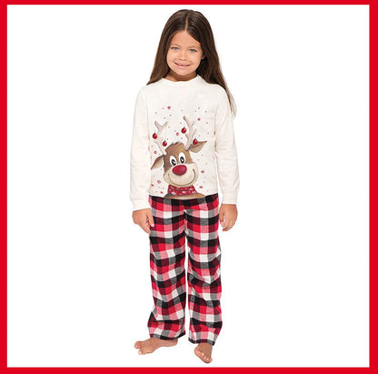 Red-Nose Reindeer Family Christmas Pajamas with White Long Sleeve Tops and Red Black Plaid Pants, Matching Mom Dad Kids Sets and Baby Jumpsuit Options