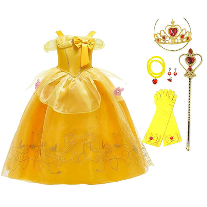 Yellow Princess Dress for Girls, Belle-Inspired Costume Gown in Dress A, B or C Styles and Sizes 3T–10T for Birthday Parties and Halloween