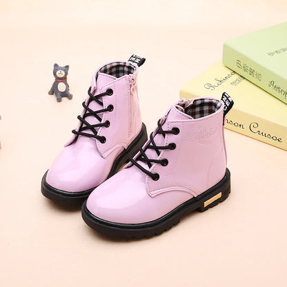 Lace-Up Kids Ankle Boots in PU Leather, Side-Zip Casual Shoes for Boys and Girls with Plush-Lined Options, Five Colors and Sizes 21-36