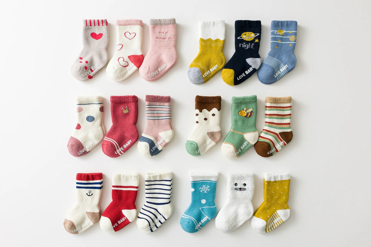 Baby Terry Cotton Socks 3-Pair Set, Thick Non-Slip Socks for Newborns, Infants and Toddlers Ages 0-5 Years for Cozy Fall and Winter Wear