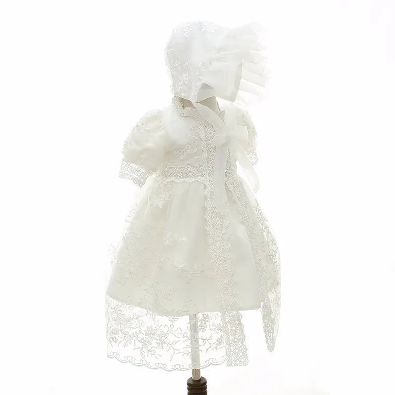 Baby Baptism Gown for Girls with Long Sleeves, Lace Details and Cotton Lining, Dress and Cap Set for Christening and First Birthday Photos
