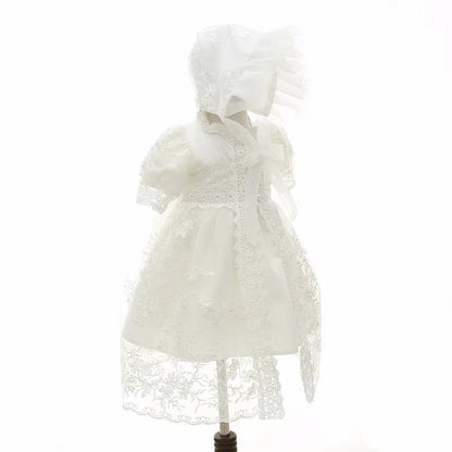 Baby Baptism Gown for Girls with Long Sleeves, Lace Details and Cotton Lining, Dress and Cap Set for Christening and First Birthday Photos