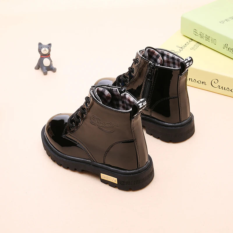 Lace-Up Kids Ankle Boots in PU Leather, Side-Zip Casual Shoes for Boys and Girls with Plush-Lined Options, Five Colors and Sizes 21-36