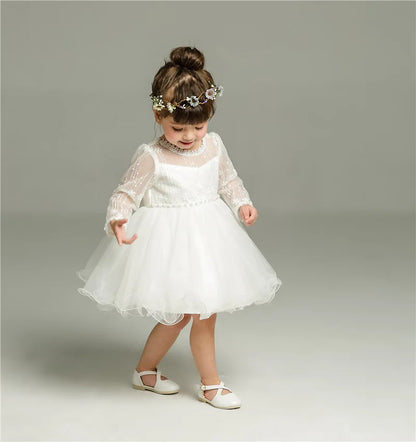 Baby Baptism Gown for Girls with Long Sleeves, Lace Details and Cotton Lining, Dress and Cap Set for Christening and First Birthday Photos