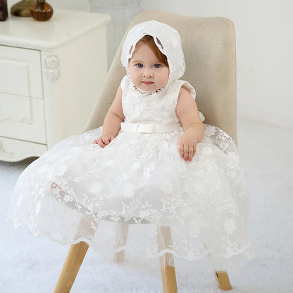 Baby Baptism Gown for Girls with Long Sleeves, Lace Details and Cotton Lining, Dress and Cap Set for Christening and First Birthday Photos