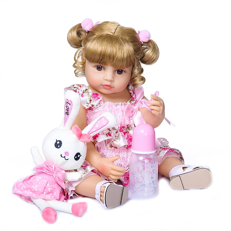 Poseable Reborn Girl Doll, 20-Inch Full Body Vinyl Toddler with Synthetic Wig Hair, Open Acrylic Eyes and Pretend-Care Accessories
