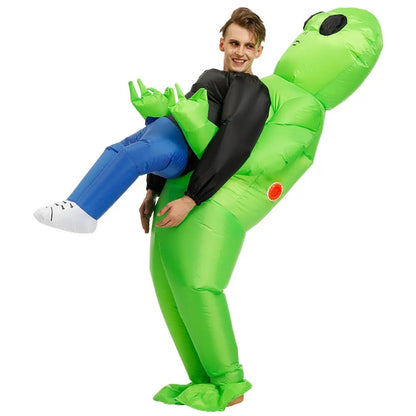 Alien Piggyback Inflatable Costume for Adults and Kids, Green Carrying Illusion Suit with Fan for Halloween, Cosplay and Stage Parties