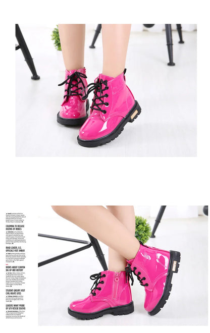 Lace-Up Kids Ankle Boots in PU Leather, Side-Zip Casual Shoes for Boys and Girls with Plush-Lined Options, Five Colors and Sizes 21-36